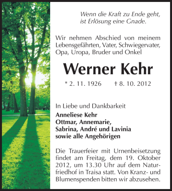 Traueranzeige von Werner Kehr von Echo-Zeitungen (Gesamtausgabe)