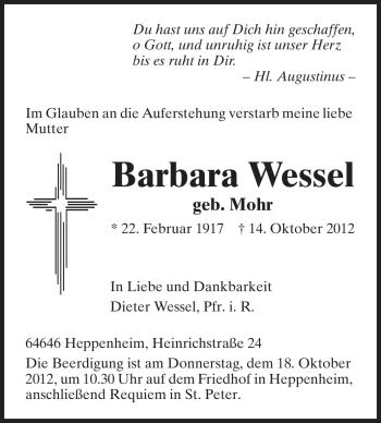 Traueranzeige von Barbara Wessel von Starkenburger Echo