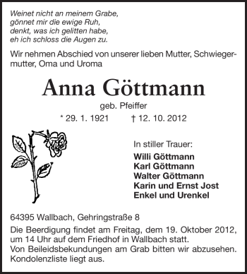 Traueranzeige von Anna Göttmann von Odenwälder Echo