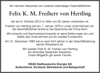 Traueranzeige von Felix von Hertling von Echo-Zeitungen (Gesamtausgabe)