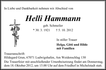 Traueranzeige von Helli Hammann von Odenwälder Echo