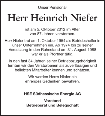 Traueranzeige von Heinrich Niefer von Echo-Zeitungen (Gesamtausgabe)