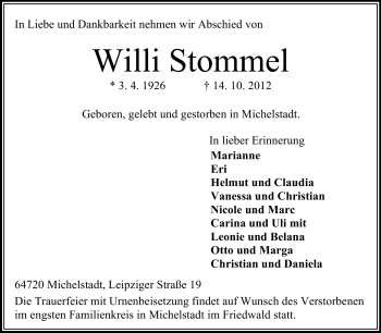 Traueranzeige von Willi Stommel von Odenwälder Echo