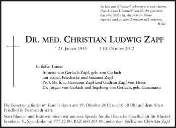 Traueranzeige von Christian Ludwig Zapf von Echo-Zeitungen (Gesamtausgabe)