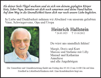 Traueranzeige von Heinrich Hallstein von Echo-Zeitungen (Gesamtausgabe)
