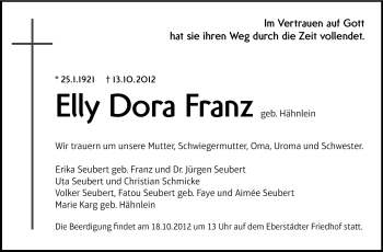 Traueranzeige von Elly Dora Franz von Echo-Zeitungen (Gesamtausgabe)