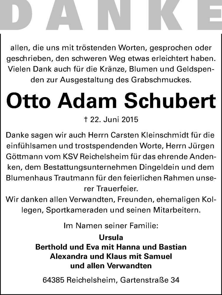  Traueranzeige für Otto Adam Schubert vom 01.08.2015 aus trauer.echo-online.de