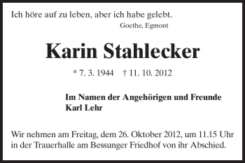 Traueranzeige von Karin Stahlecker von Echo-Zeitungen (Gesamtausgabe)