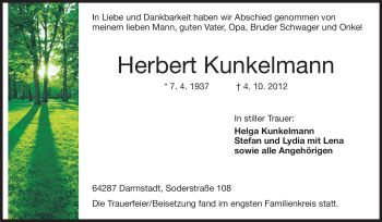 Traueranzeige von Herbert Kunkelmann von Echo-Zeitungen (Gesamtausgabe)
