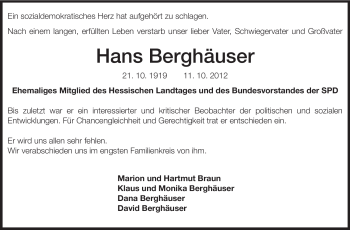 Traueranzeige von Hans Berghäuser von Echo-Zeitungen (Gesamtausgabe)