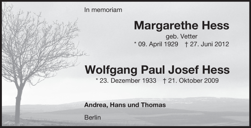  Traueranzeige für Margarethe Hess vom 20.10.2012 aus Starkenburger Echo