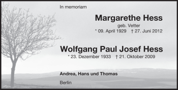 Traueranzeige von Margarethe Hess von Starkenburger Echo