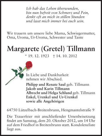 Traueranzeige von Margarete Tillmann von Odenwälder Echo