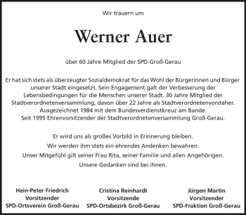 Traueranzeige von Werner Auer von Rüsselsheimer Echo, Groß-Gerauer-Echo, Ried Echo