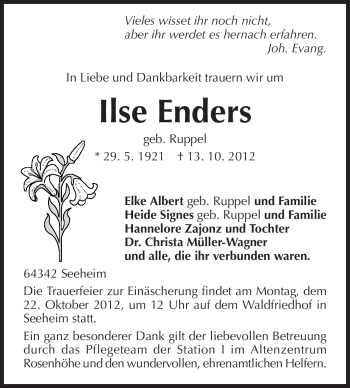 Traueranzeige von Ilse Enders von Echo-Zeitungen (Gesamtausgabe)