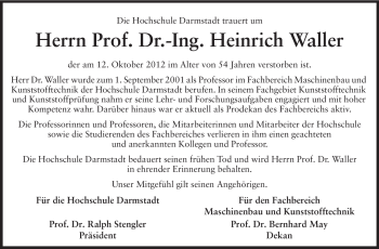 Traueranzeige von Heinrich Waller von Echo-Zeitungen (Gesamtausgabe)