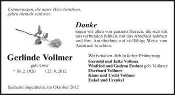 Traueranzeige von Gerlinde Vollmer von Echo-Zeitungen (Gesamtausgabe)