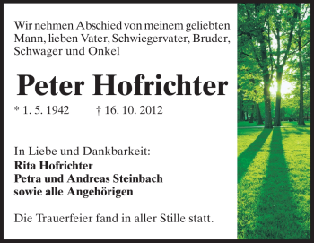 Traueranzeige von Peter Hofrichter von Darmstädter Echo, Odenwälder Echo, Rüsselsheimer Echo, Groß-Gerauer-Echo, Ried Echo