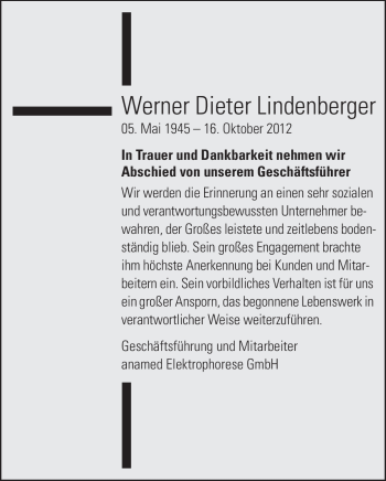 Traueranzeige von Werner Dieter Lindenberger von Echo-Zeitungen (Gesamtausgabe)