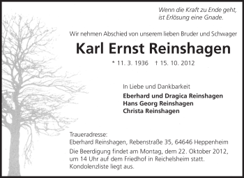 Traueranzeige von Karl Ernst Reinshagen von Odenwälder Echo