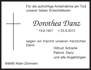 Traueranzeige von Dorothea Danz von Echo-Zeitungen (Gesamtausgabe)