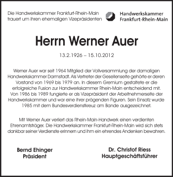 Traueranzeige von Werner Auer von Rüsselsheimer Echo, Groß-Gerauer-Echo, Ried Echo