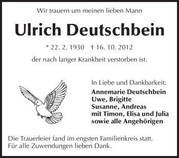 Traueranzeige von Ulrich Deutschbein von Echo-Zeitungen (Gesamtausgabe)