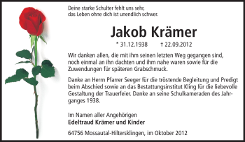 Traueranzeige von Jakob Krämer von Odenwälder Echo