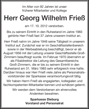 Traueranzeige von Georg Wilhelm Frieß von Echo-Zeitungen (Gesamtausgabe)