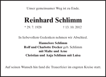 Traueranzeige von Reinhard Schlimm von Echo-Zeitungen (Gesamtausgabe)