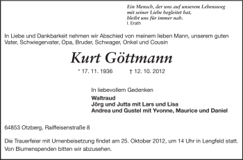 Traueranzeige von Kurt Göttmann von Darmstädter Echo, Odenwälder Echo, Rüsselsheimer Echo, Groß-Gerauer-Echo, Ried Echo
