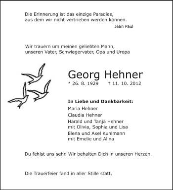 Traueranzeige von Georg Hehner von Rüsselsheimer Echo, Groß-Gerauer-Echo, Ried Echo