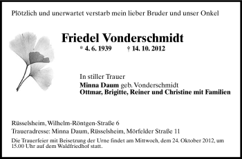Traueranzeige von Friedel Vonderschmidt von Rüsselsheimer Echo, Groß-Gerauer-Echo, Ried Echo