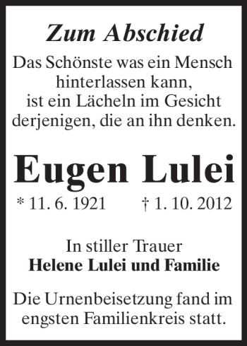 Traueranzeige von Eugen Lulei von Rüsselsheimer Echo, Groß-Gerauer-Echo, Ried Echo