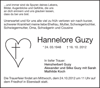 Traueranzeige von Hannelore Guzy von Darmstädter Echo, Odenwälder Echo, Rüsselsheimer Echo, Groß-Gerauer-Echo, Ried Echo