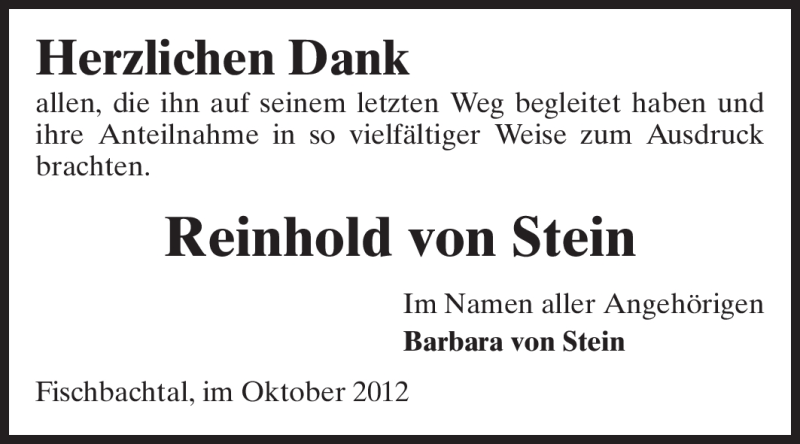  Traueranzeige für Reinhold von Stein vom 20.10.2012 aus Echo-Zeitungen (Gesamtausgabe)