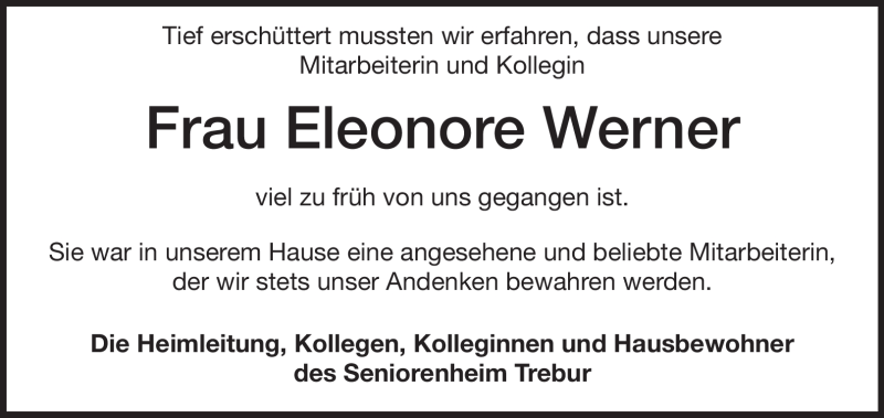  Traueranzeige für Eleonore Werner  vom 20.10.2012 aus Rüsselsheimer Echo, Groß-Gerauer-Echo, Ried Echo
