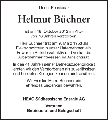 Traueranzeige von Helmut Büchner von Echo-Zeitungen (Gesamtausgabe)