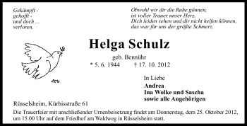 Traueranzeige von Helga Schulz von Rüsselsheimer Echo, Groß-Gerauer-Echo, Ried Echo