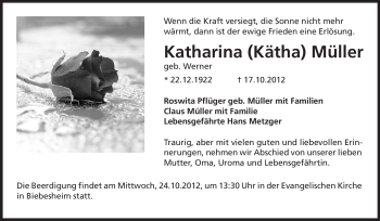 Traueranzeige von Katharina  Müller von Rüsselsheimer Echo, Groß-Gerauer-Echo, Ried Echo
