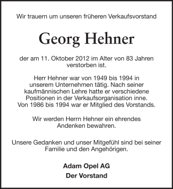 Traueranzeige von Georg Hehner von Rüsselsheimer Echo, Groß-Gerauer-Echo, Ried Echo