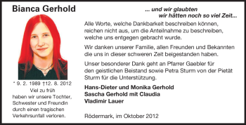 Traueranzeige von Bianca Gerhold von Echo-Zeitungen (Gesamtausgabe)
