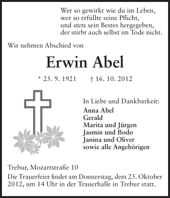 Traueranzeige von Erwin Abel von Rüsselsheimer Echo, Groß-Gerauer-Echo, Ried Echo