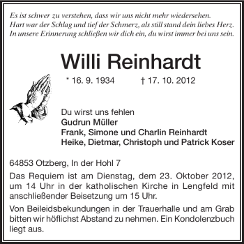 Traueranzeige von Willi Reinhardt von Echo-Zeitungen (Gesamtausgabe)