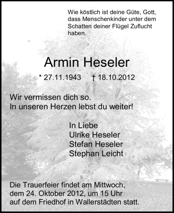 Traueranzeige von Armin Heseler von Rüsselsheimer Echo, Groß-Gerauer-Echo, Ried Echo