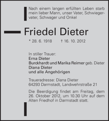 Traueranzeige von Friedel Dieter von Echo-Zeitungen (Gesamtausgabe)