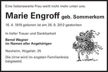 Traueranzeige von Marie Engroff von Rüsselsheimer Echo, Groß-Gerauer-Echo, Ried Echo
