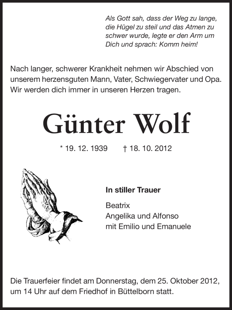  Traueranzeige für Günter Wolf vom 23.10.2012 aus Rüsselsheimer Echo, Groß-Gerauer-Echo, Ried Echo