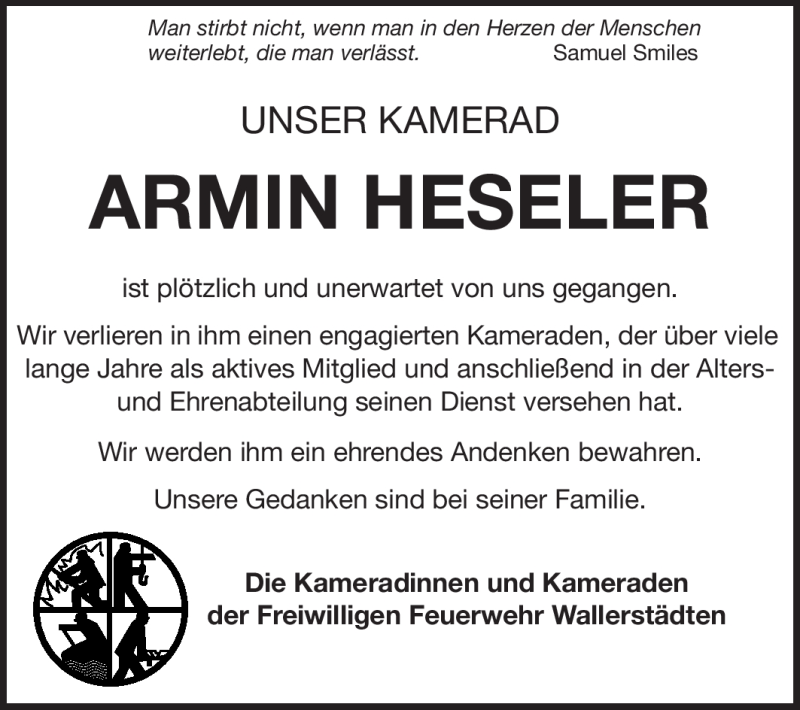  Traueranzeige für Armin Heseler vom 23.10.2012 aus Rüsselsheimer Echo, Groß-Gerauer-Echo, Ried Echo