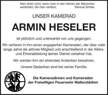 Traueranzeige von Armin Heseler von Rüsselsheimer Echo, Groß-Gerauer-Echo, Ried Echo
